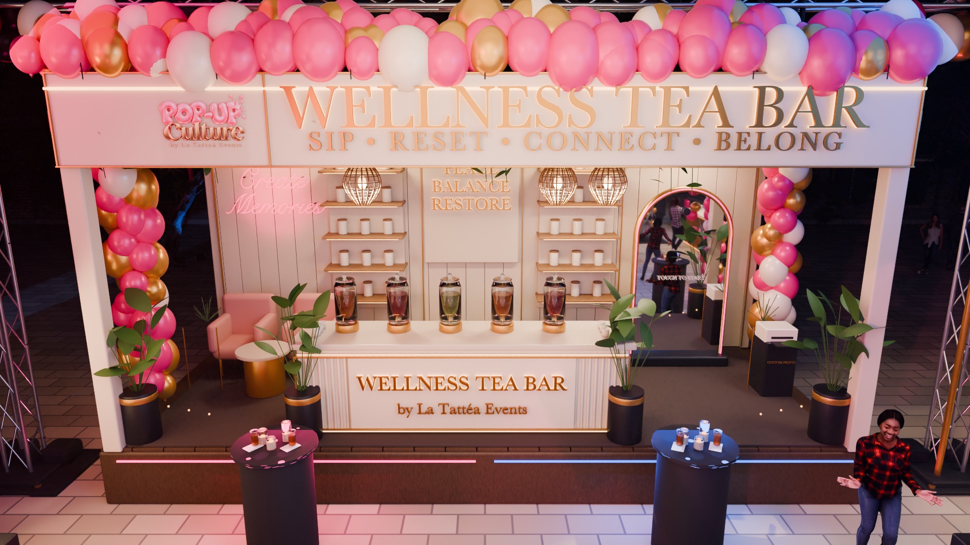 POP-UP Culture pink booth concept with wellness tea bar, photo lounge, merchandise, and 360 experience